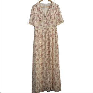 Lucca Vintage Floral Cream & Pink Button Front Maxi Dress Size Medium